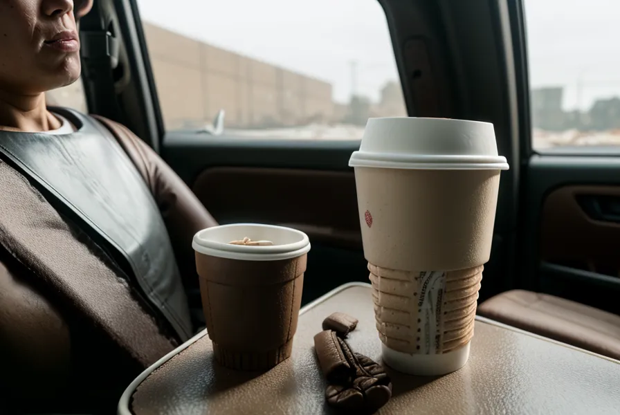 Café froid et sandwich industriel sur le siège d'une voiture, symbole d'une mauvaise gestion de l'énergie en voyage longue distance