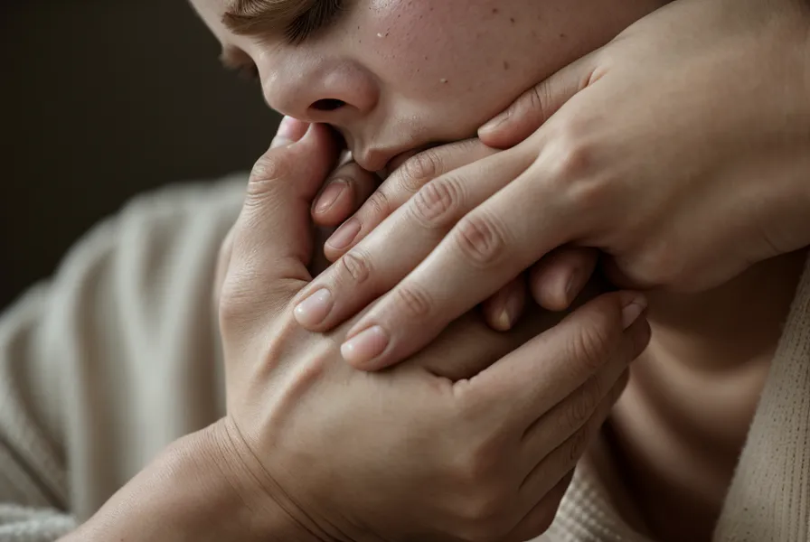 Gros plan de mains frottant des yeux fatigués devant un écran d'ordinateur flou.