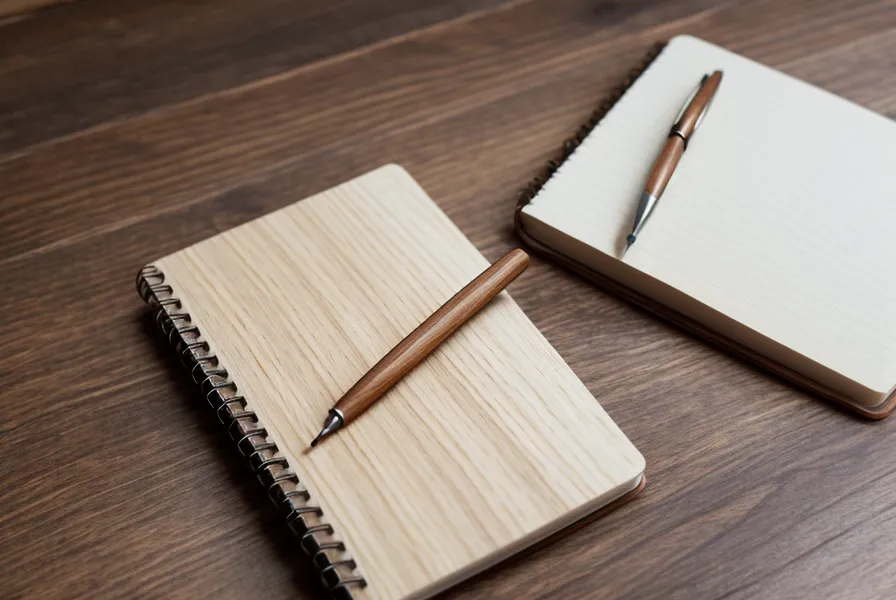 Un carnet de notes et un stylo sur un bureau en bois sous une lumière naturelle.
