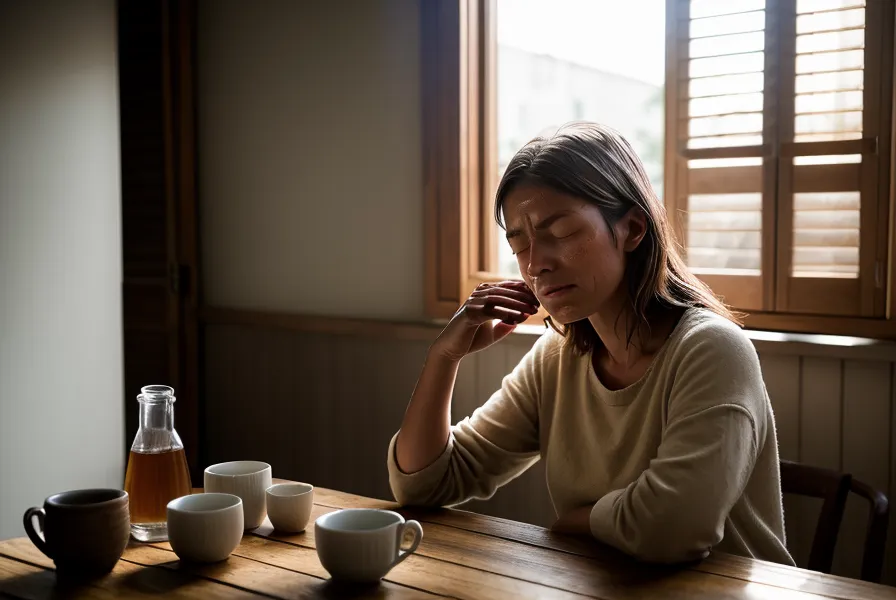 Mains qui frottent les tempes devant l'écran, signe de fatigue et de récupération post-vacances ratée