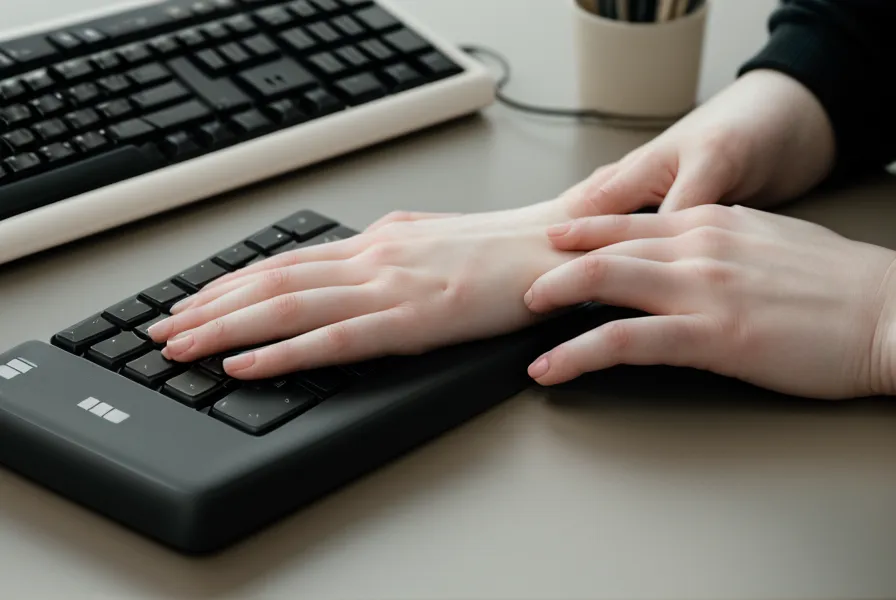 Gros plan de mains fatiguées posées sur un clavier d'ordinateur au bureau