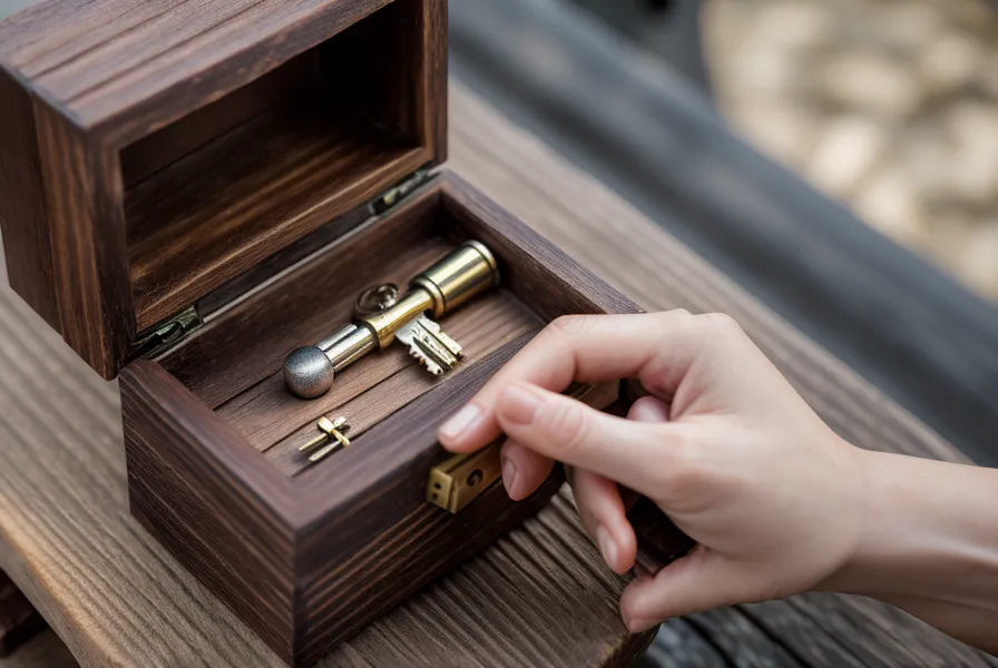 Main tournant une clé en métal sur un coffret de méditation en bois