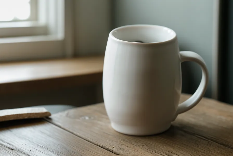 Gros plan sur des mains fatiguées tenant un mug sur un bureau de bureau.