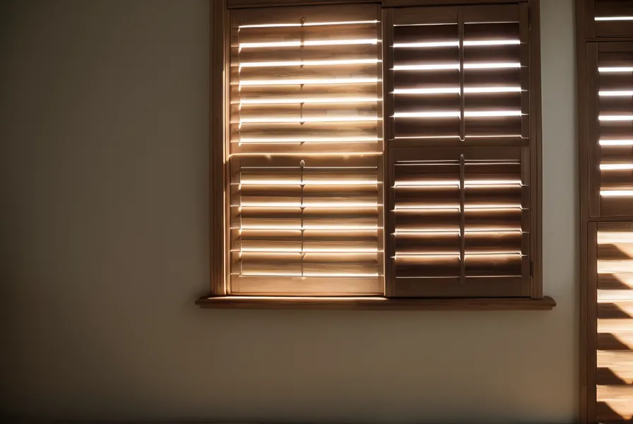 Lumière du matin passant à travers un volet en bois entrouvert.
