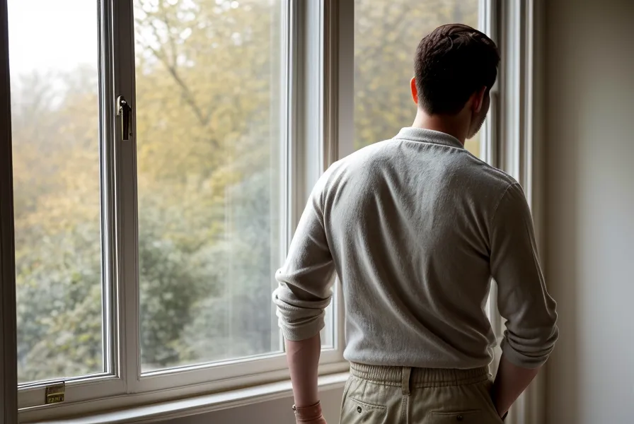 Vue de dos d'un homme détendu regardant par la fenêtre au printemps.