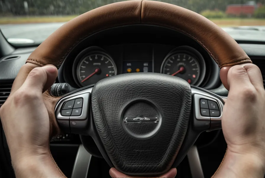 Gros plan d'une main sur un volant de voiture sous la pluie