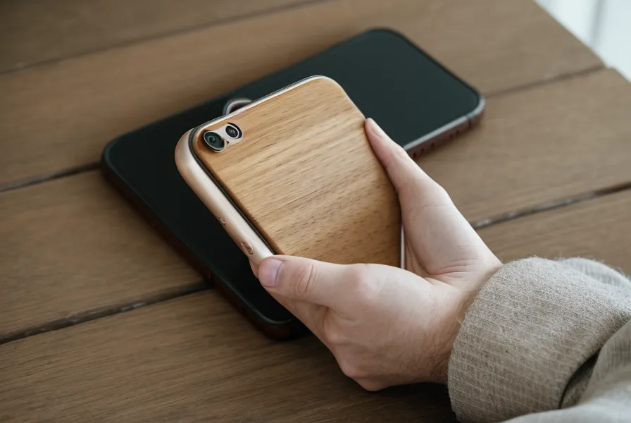 Une main posant un smartphone sur une table de nuit en bois pour déconnecter.